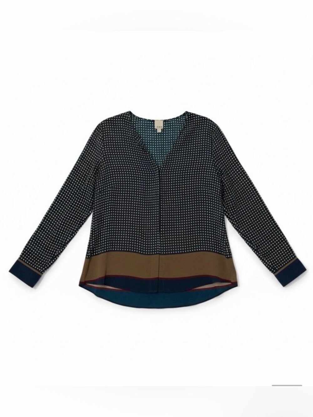 Ecru Silk Blouse Blue Geometric High Low Lightweight Size M